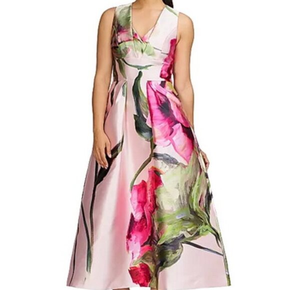 Kay Unger Blush Pink Regina Floral Mikado Midi Dress With Pockets